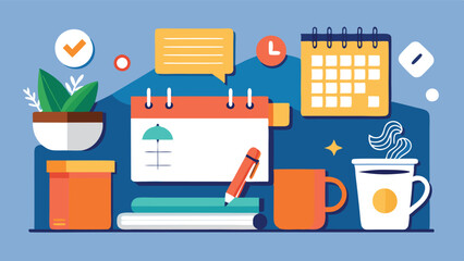 Creative workspace setup with calendar, stationery, and plants for productivity and organization in a modern environment