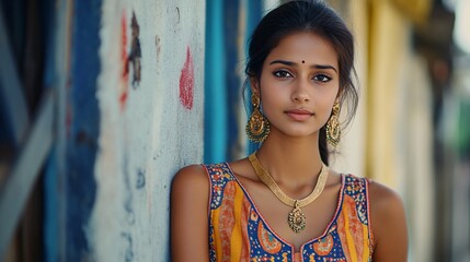 Naklejka premium A young South Asian woman exudes elegance in traditional attire, framed by colorful urban textures.