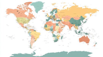 Colorful World Map Depicting Countries and Continents with Detailed Geographic Boundaries for Educational and Informational Purposes