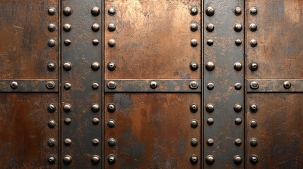 Rustic metal wall with rivets and an industrial aesthetic.