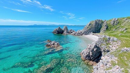 Fototapeta premium Secluded rocky cove with crystal clear turquoise water and a small sandy beach under a bright blue sky.
