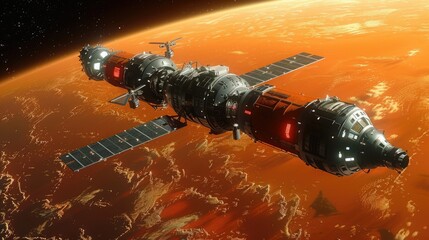 A futuristic spacecraft orbiting a reddish planet, showcasing advanced technology and exploration.