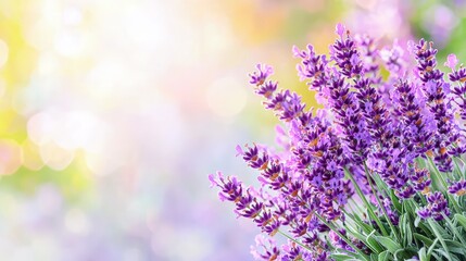 Fototapeta premium Lavender flowers blooming in a sunny garden with a soft pastel bokeh background.