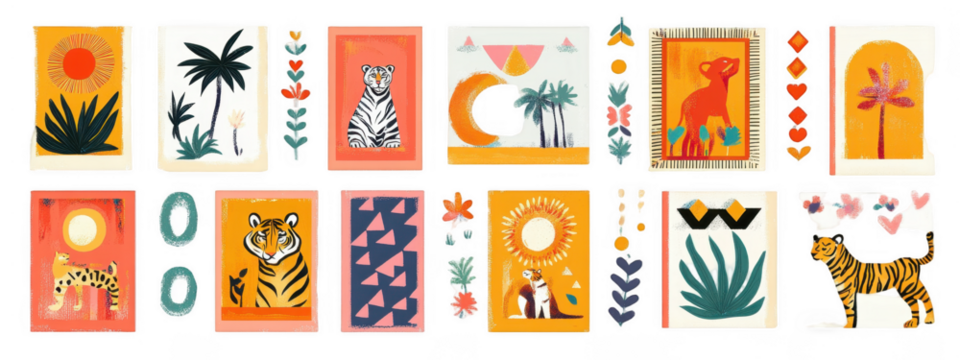 Retro hand drawn tropical summer shape set. Jungle nature illustration collection. Vintage exotic clip art of palm tree, tiger and flower. Geometric mosaic style element bundle.