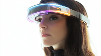 Futuristic Woman Using High-Tech Visor with LED Lights, Engaged in Virtual Reality Experience in a Minimalistic and Bright Environment