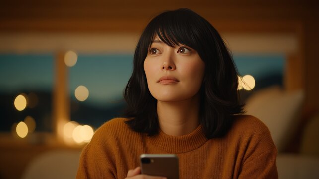 Thoughtful woman sitting by the window holding a smartphone surrounded by warm bokeh lights in an introspective urban evening setting