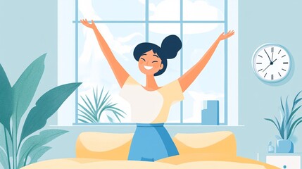 Obraz premium A joyful young woman with black hair stretches in her cozy bedroom, embracing a bright morning.