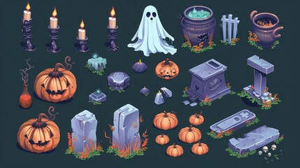 Halloween Elements Set Featuring Ghosts, Pumpkins, Cross, Skull, Cauldron, and Witch Hat