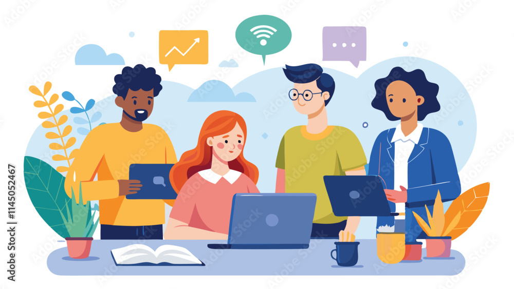 Poster group of four diverse professionals collaborating on technology projects in a bright workspace with 