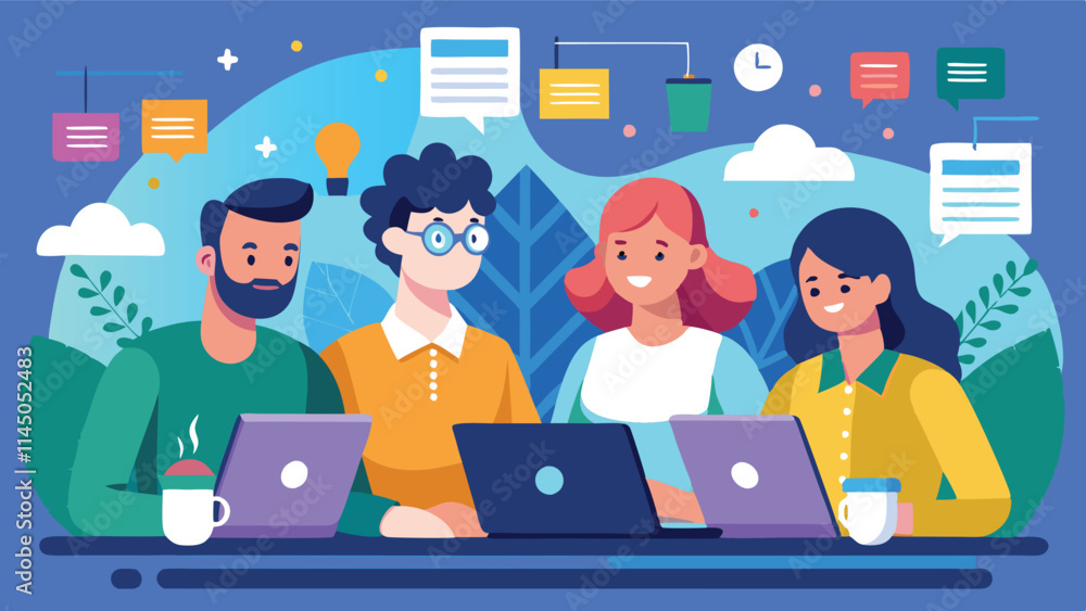 Poster group of four diverse professionals collaborating on technology projects in a bright workspace with 