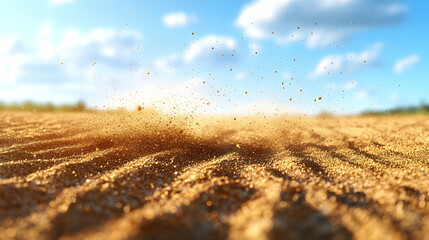 Dust particles rising from a sandy landscape.