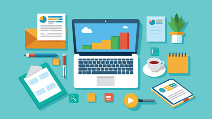 Detailed vector illustration of a modern workspace with laptop, documents, coffee, charts, and office supplies in a vibrant color scheme