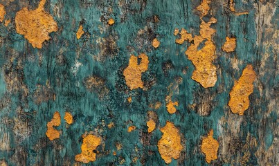 Rusty, peeling turquoise paint on textured wood background.