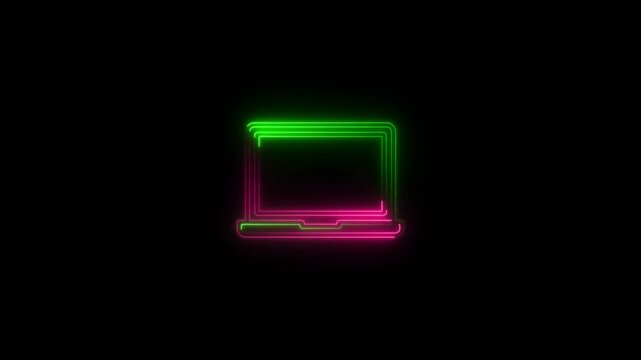 Laptop neon icon 4k anemation balack background.