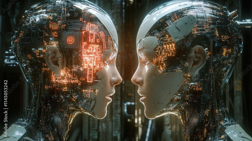 Poster two futuristic humanoid robots face each other, showcasing intricate circuitry and glowing elements 