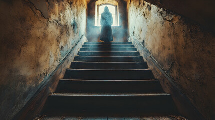 Mysterious figure ascending old, dimly lit stairs in a crumbling building.