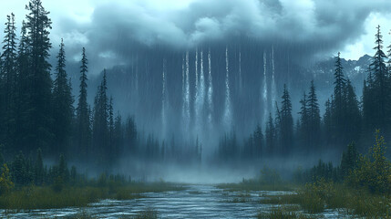 Mystical forest scene with a misty river and heavy rain falling behind tall evergreen trees and mountains.