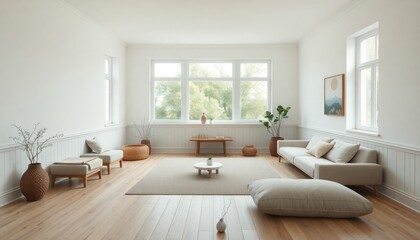A tranquil meditation-inspired studio living room with pale wood skirting boards, simple, low seating