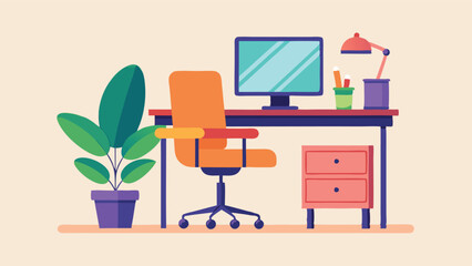 Modern vector illustration of a home office workspace with a computer, stylish chair, desk, decorative plant, and vibrant colors for a creative atmosphere