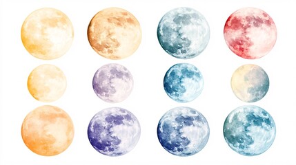 Obraz premium A vibrant collection of watercolor moon illustrations in various colors and sizes.