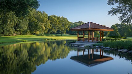 Obraz premium Serene gazebo by tranquil pond on golf course at sunrise.