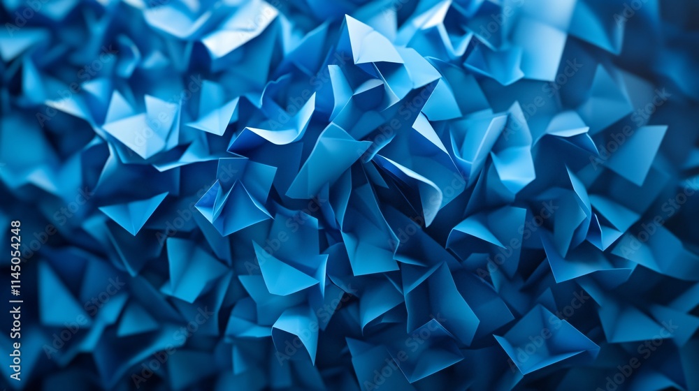 Poster a vibrant abstract texture featuring a multitude of crumpled blue shapes, creating depth and movemen