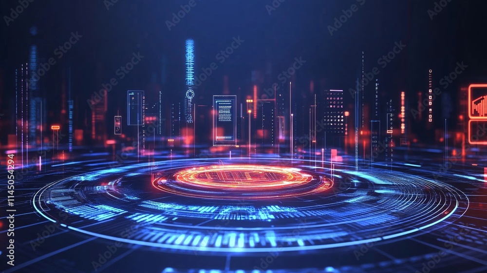 Poster a futuristic digital interface with glowing data visualizations and holographic elements in vibrant 