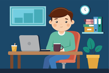 Fototapeta premium Young man enjoying a hot beverage while working on a computer in a cozy office environment with plants and books