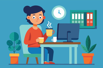 Fototapeta premium Young man enjoying a hot beverage while working on a computer in a cozy office environment with plants and books