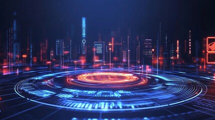 A futuristic digital interface with glowing data visualizations and holographic elements in vibrant blue and orange tones.