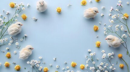 Spring flat lay composition with fluffy chicks, yellow and white flowers, and green leaves forming a decorative frame on a pastel blue background. Easter celebration concept with copy space.