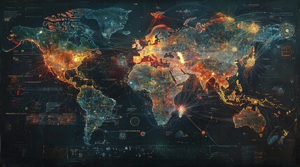 Global network connections visualized on a world map with glowing nodes and lines.