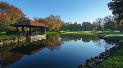 Fototapeta premium Serene autumnal golf course scene with gazebo and reflecting pond.
