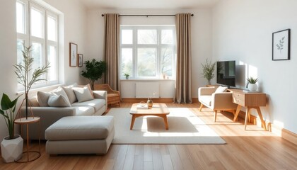 Fototapeta premium A Scandinavian-inspired studio living room with soft wooden skirting boards, simple neutral-toned furniture, and a lot of light to create a fresh