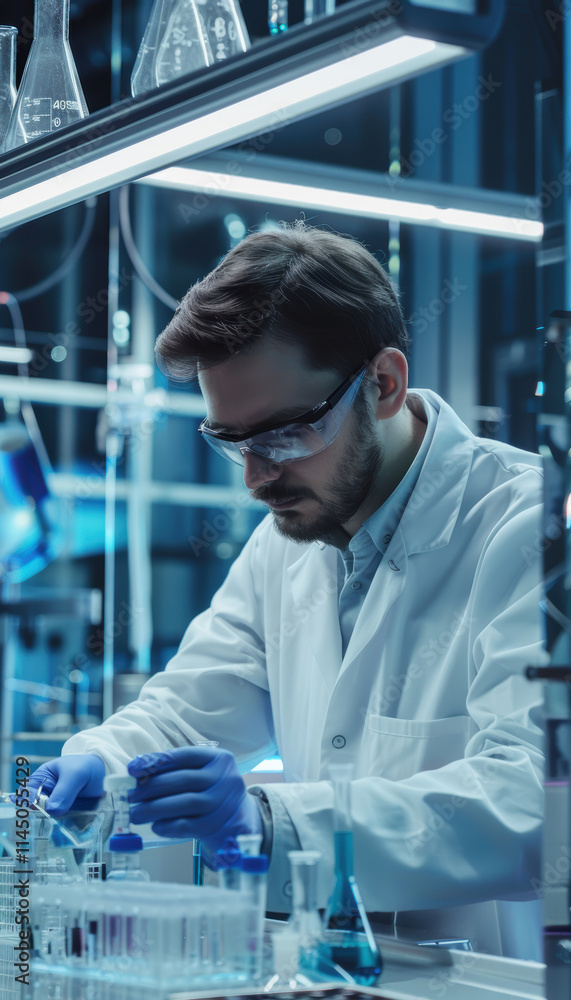 Poster bioengineer testing wearable health device in high-tech modern laboratory environment