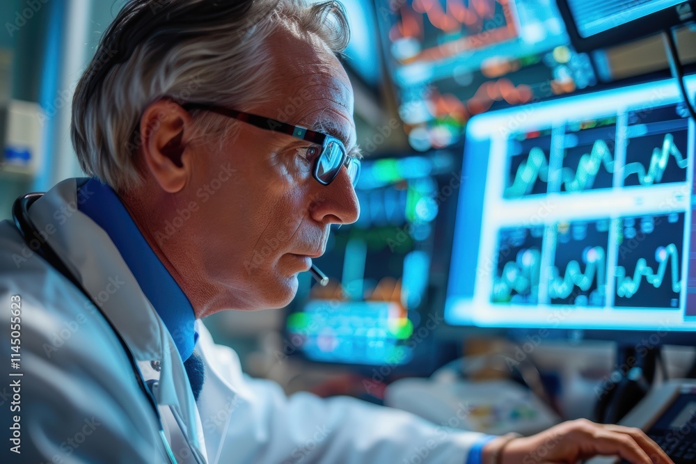 Poster cardiologist remotely adjusting pacemaker settings using advanced computer technology
