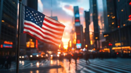 Majestic American Flag Waves in Times Square at Sunset with a Vibrant Cityscape and Bustling Pedestrians Creating a Lively Urban Atmosphere