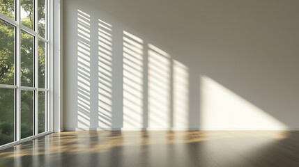 Fototapeta premium Natural light casts beautiful shadows in a minimalistic room with large windows and wooden flooring