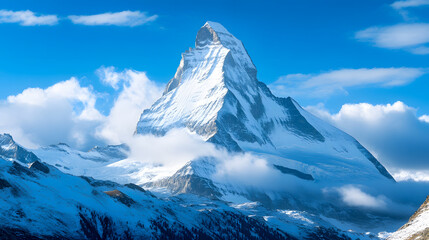 The famous Matterhorn peak under a cloudy blue sky viewed from Gornergrat, Zermatt, Switzerland.