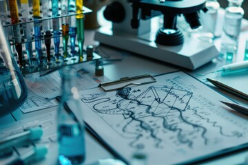 Bioengineering Workstation with Genetic Diagrams and Lab Equipment for Research and Innovation