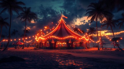 A carnival on the beach at sunset.