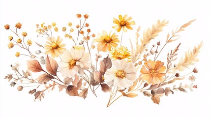 A beautiful arrangement of soft, warm-toned flowers and foliage, showcasing elegant watercolor artistry.