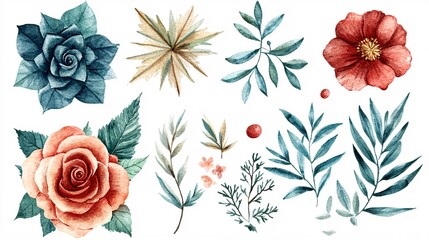 A vibrant collection of hand-painted watercolor flowers and leaves, featuring roses, succulents, and seasonal foliage.
