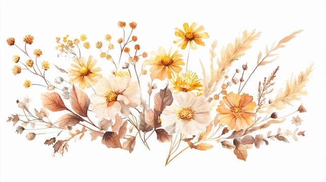 A beautiful arrangement of soft, warm-toned flowers and foliage, showcasing elegant watercolor artistry.