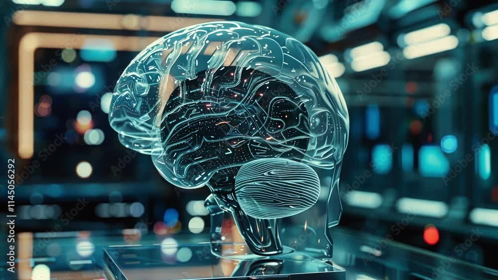 Poster illuminating neural connections within a transparent glass brain model in a high tech laboratory, sy