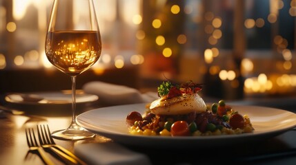 A sophisticated dining setup featuring a gourmet dish on an elegant plate, paired with a glass of wine. The background includes soft lighting, gold accents, 16:9