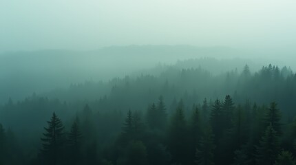 Naklejka premium Dense Misty Forest: Ethereal Landscape with Fog and Evergreen Trees