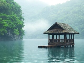 Fototapeta premium A serene wooden pavilion on still waters surrounded by lush greenery.