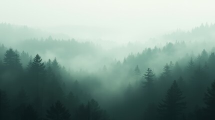 Naklejka premium Foggy Forest Landscape: Misty Evergreen Trees in Atmospheric Haze