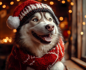 A joyful husky dressed in a knitted red scarf and a Santa hat, set against a festive backdrop sparkling with holiday spirit.